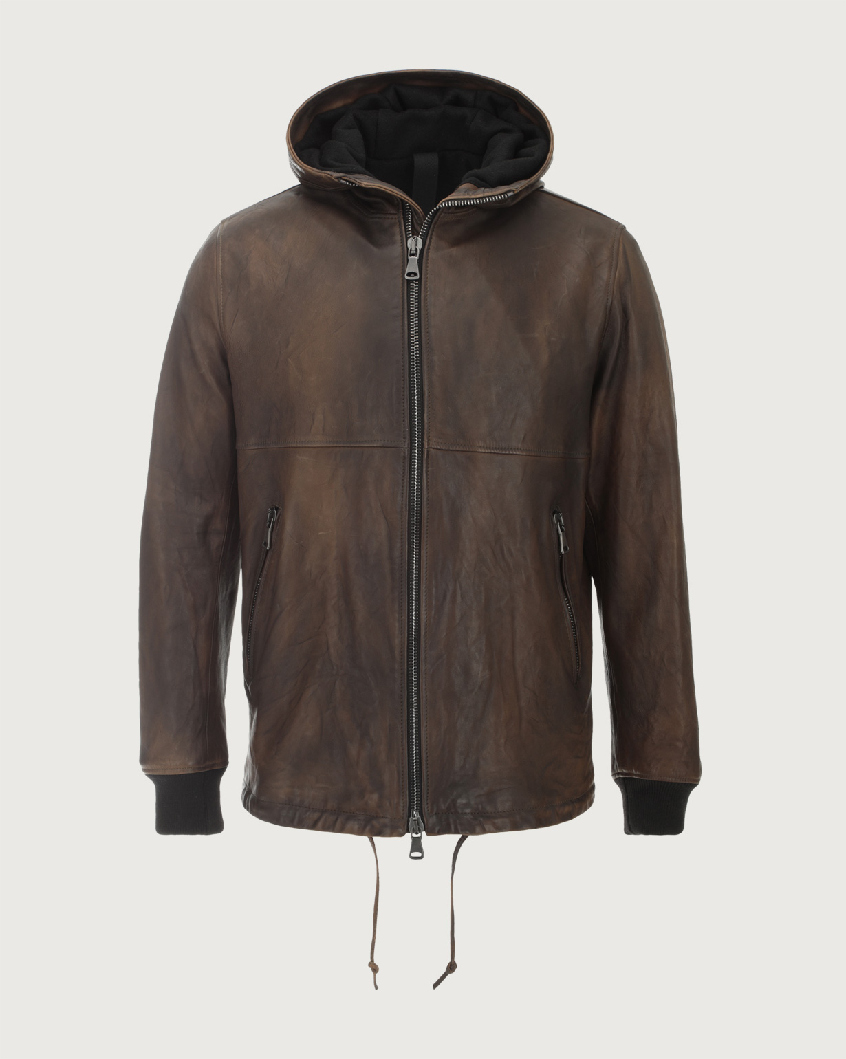 ORCIANI Olded leather jacket with hood, color Chocolate