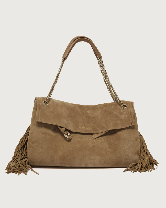 Orciani Borsa Venus Peach Fringe Midi a spalla in suede Pelle scamosciata BISCOTTO