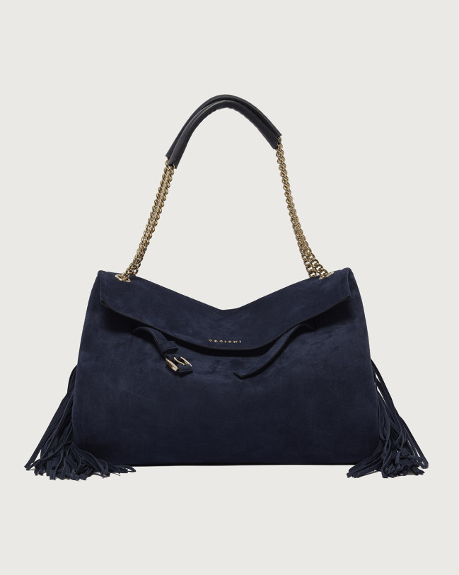 Orciani Borsa Venus Peach Fringe Midi a spalla in suede Pelle scamosciata NAVY