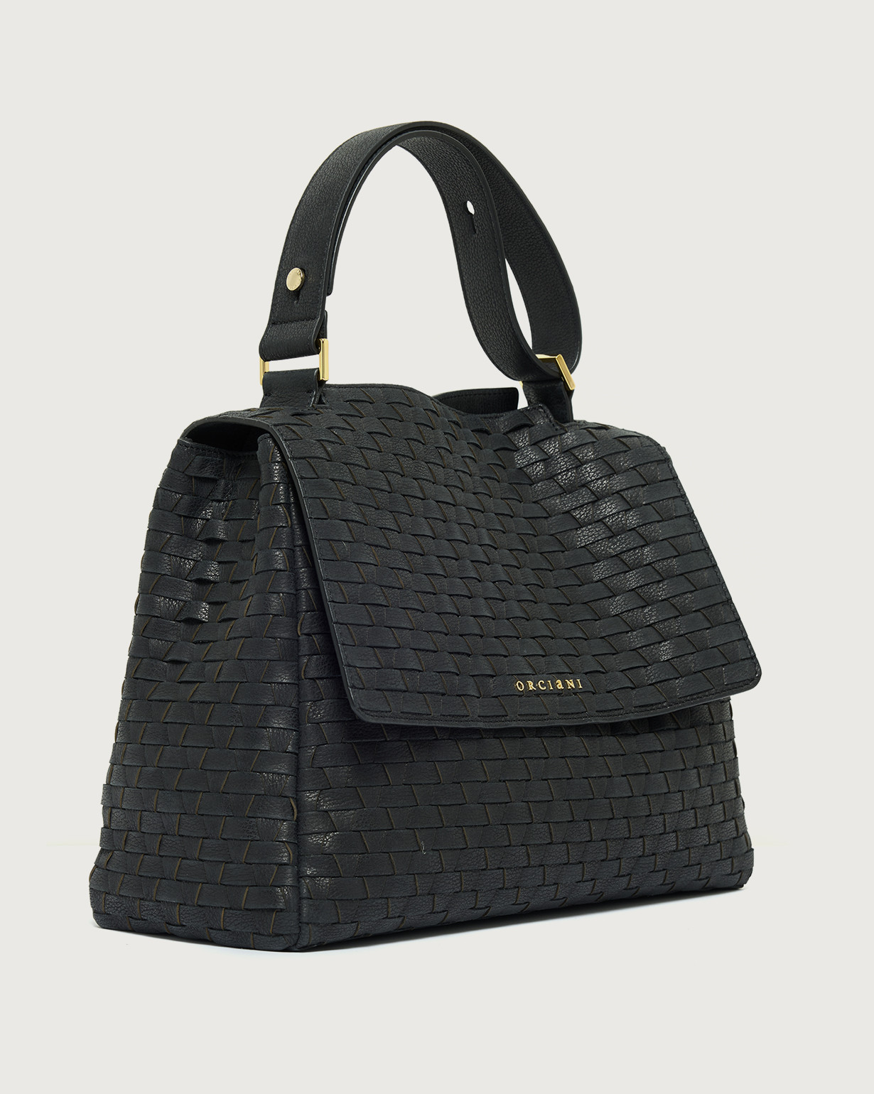 Orciani Borsa Sveva Chevrette Woven Media a spalla in pelle con tracolla, colore NERO