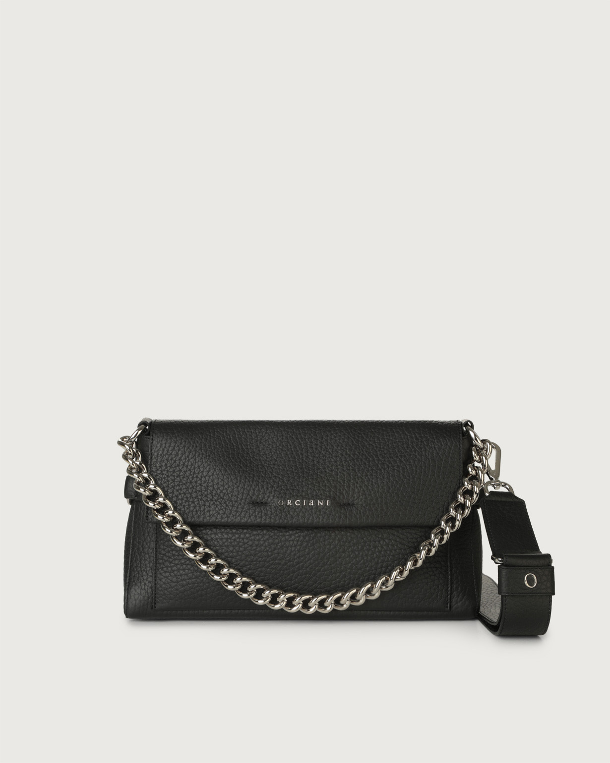 Orciani Borsa a spalla Missy Longuette Soft in pelle con catena e tracolla colore NERO