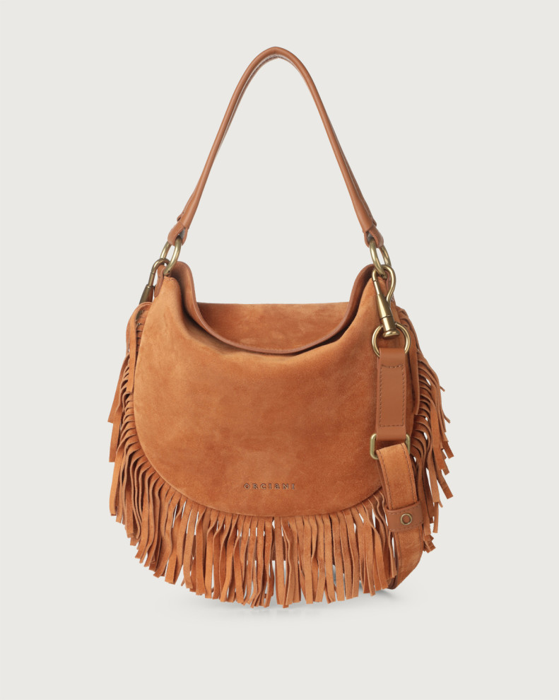 Borsa Ping Naif Fringe a spalla in suede con tracolla