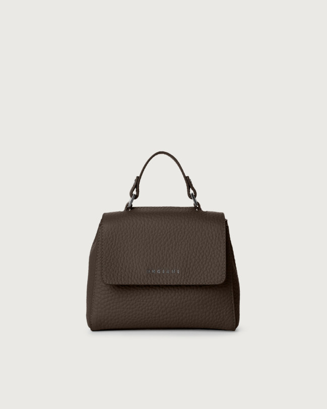 Orciani Sveva Soft Mini leather handbag with shoulder strap Grained leather Chocolate