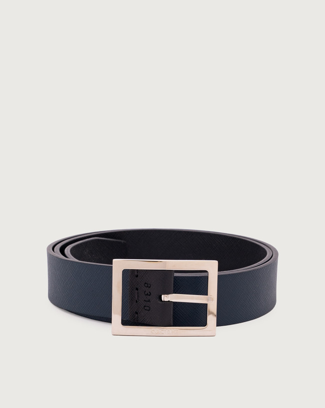 Orciani Saffiano Double reversible leather belt 3 cm Embossed leather, Leather Black+Navy