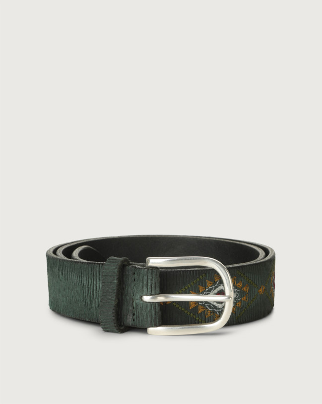 Orciani Blade embroidered leather belt Leather & fabric Green