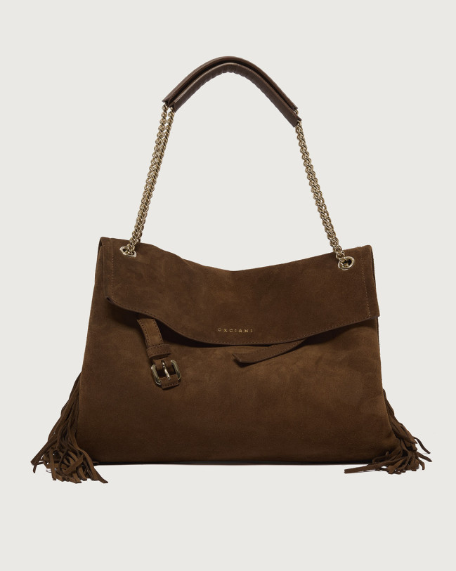 Orciani Venus Peach Fringe Midi suede leather shoulder bag Suede leather Brown