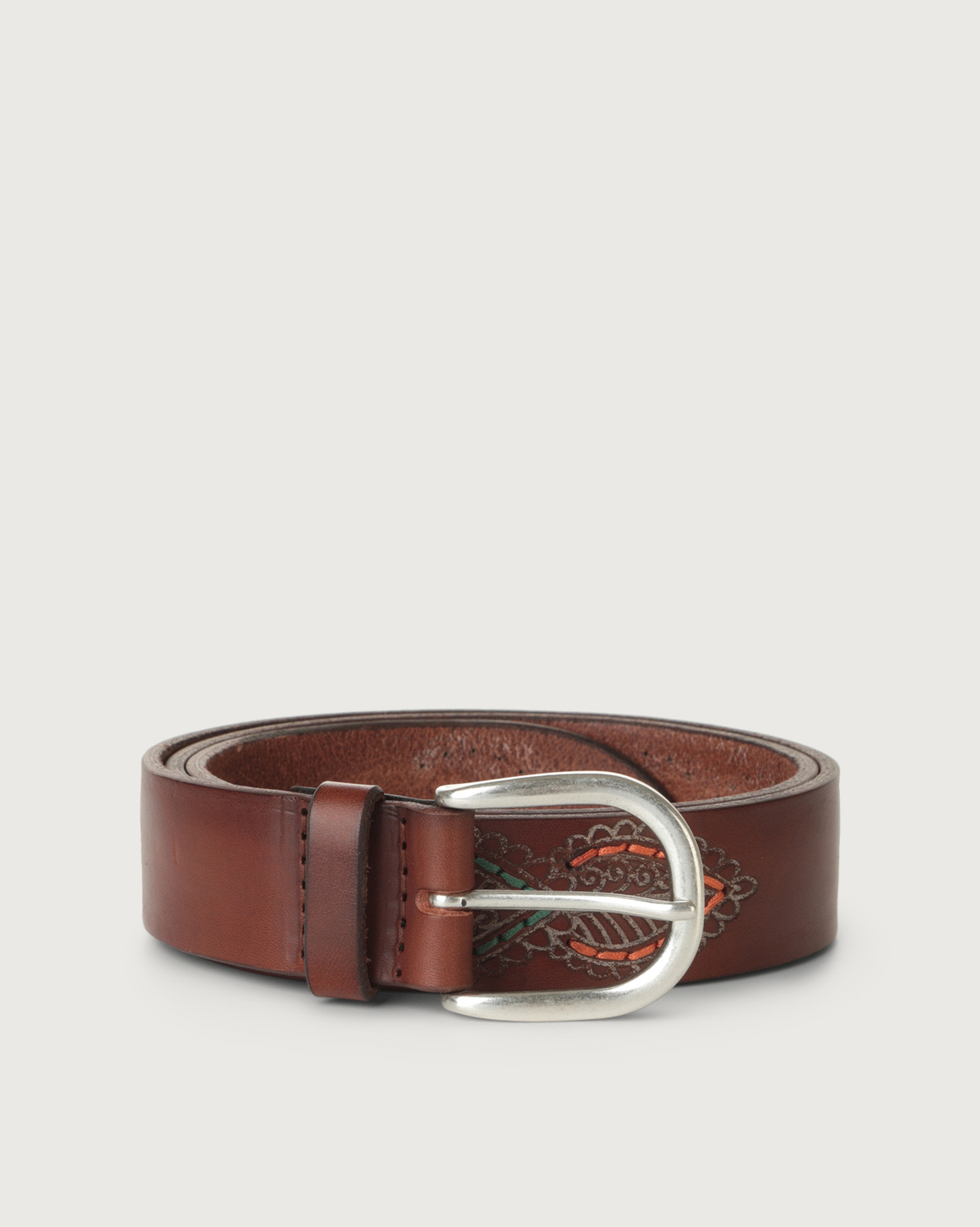 ORCIANI Bull Gaucho leather belt with multicolor stitching. , color Cognac
