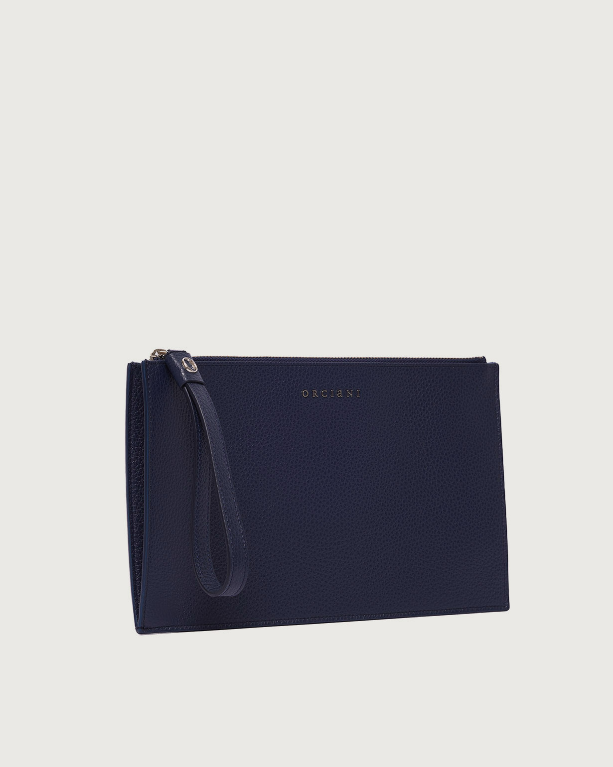 ORCIANI Micron leather Flat Pouch with wristband. , color Navy