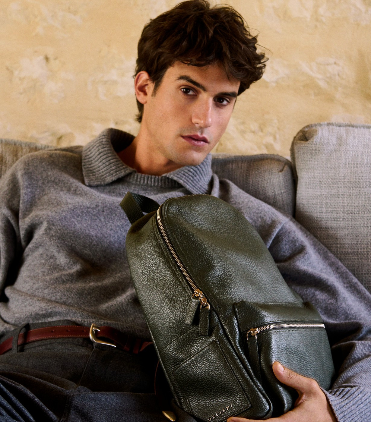 ORCIANI Laio Micron Leather Backpack. , color Olive green