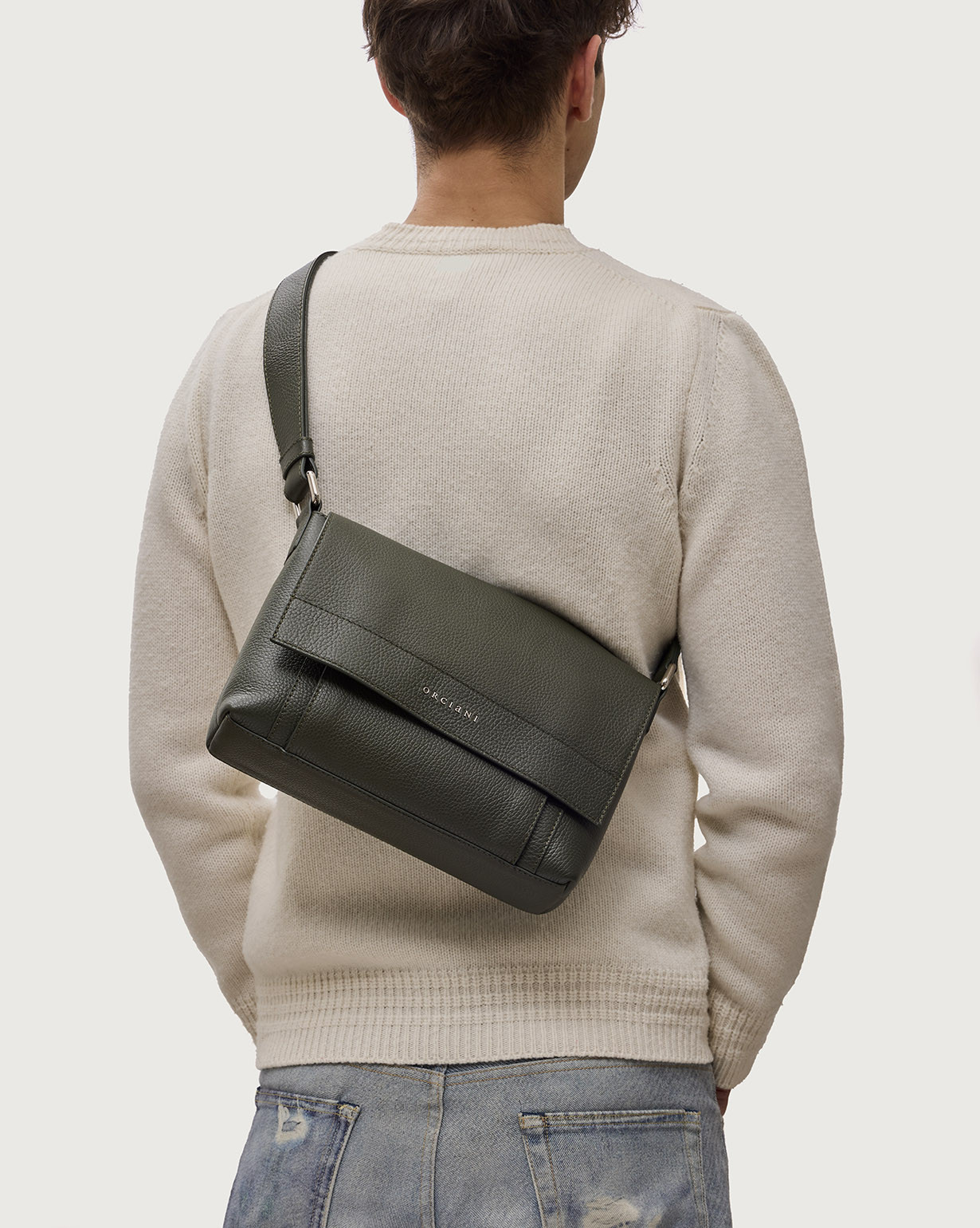 ORCIANI Micron leather midi messenger bag. , color Olive green