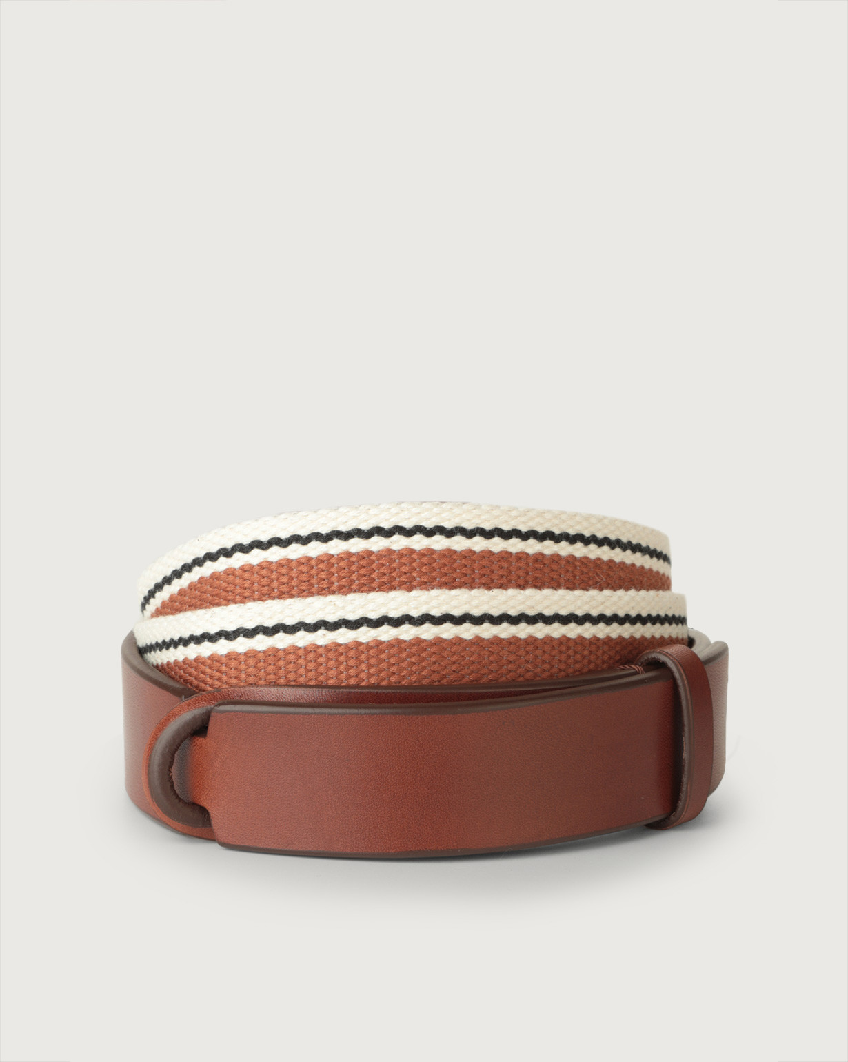 ORCIANI Line leather and fabric Nobuckle belt. , color Burnt+Cognac