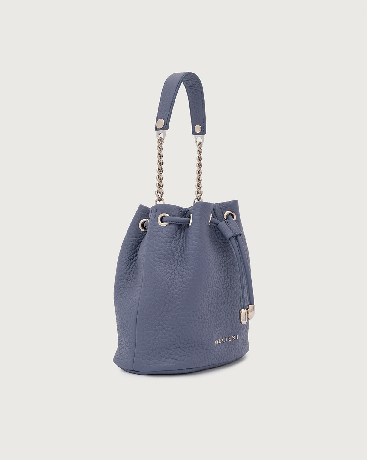 ORCIANI Nest Soft grained leather mini bucket bag. color Light blue