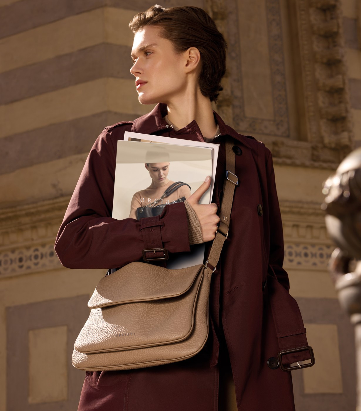 ORCIANI Diana Soft Small hammered leather crossbody bag. , color taupe