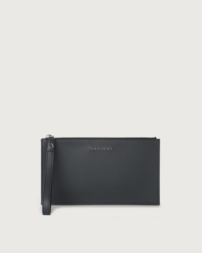 Orciani Micron leather pouch with wristband Grained leather Navy