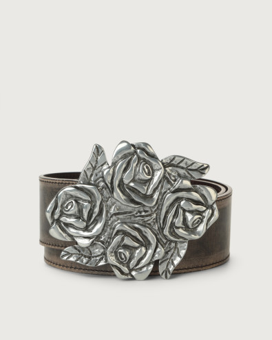 Delavè leather belt with rose motif buckle 5 cm