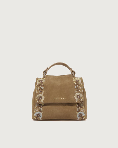 Sveva Peach Flowers Mini suede leather handbag with shoulder strap