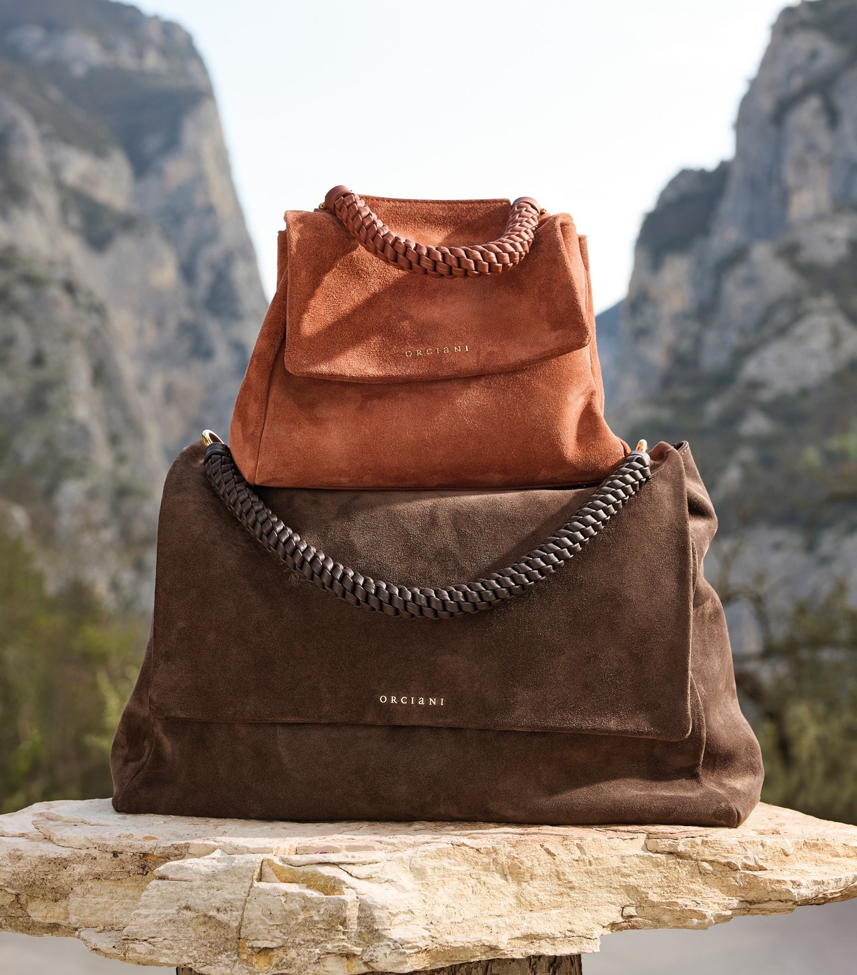 ORCIANI Sveva Peach Small suede leather handbag with strap