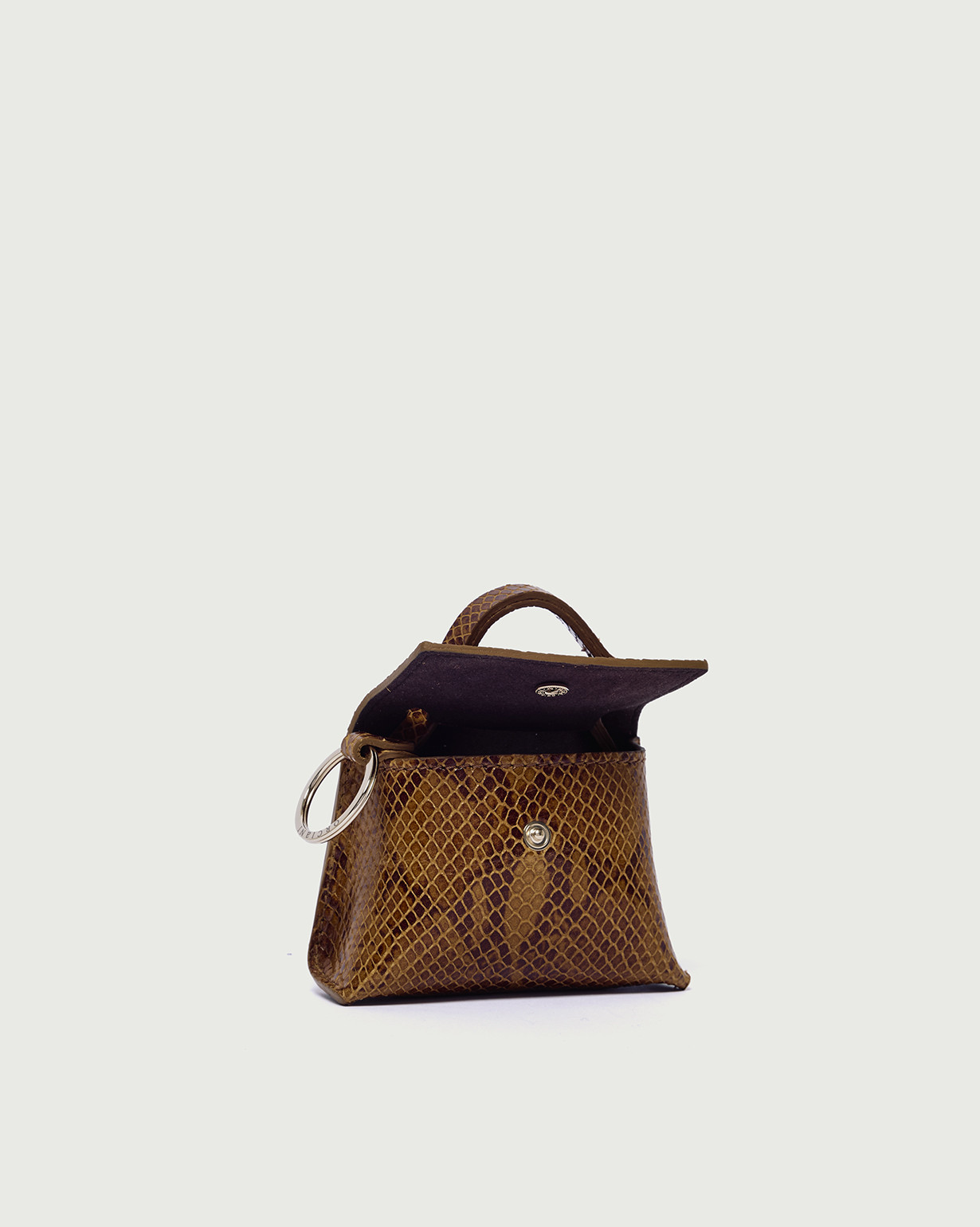 Invasive Python Bag Charm ORCIANI Mini Sveva Exotic python effect leather bag charm, color honey