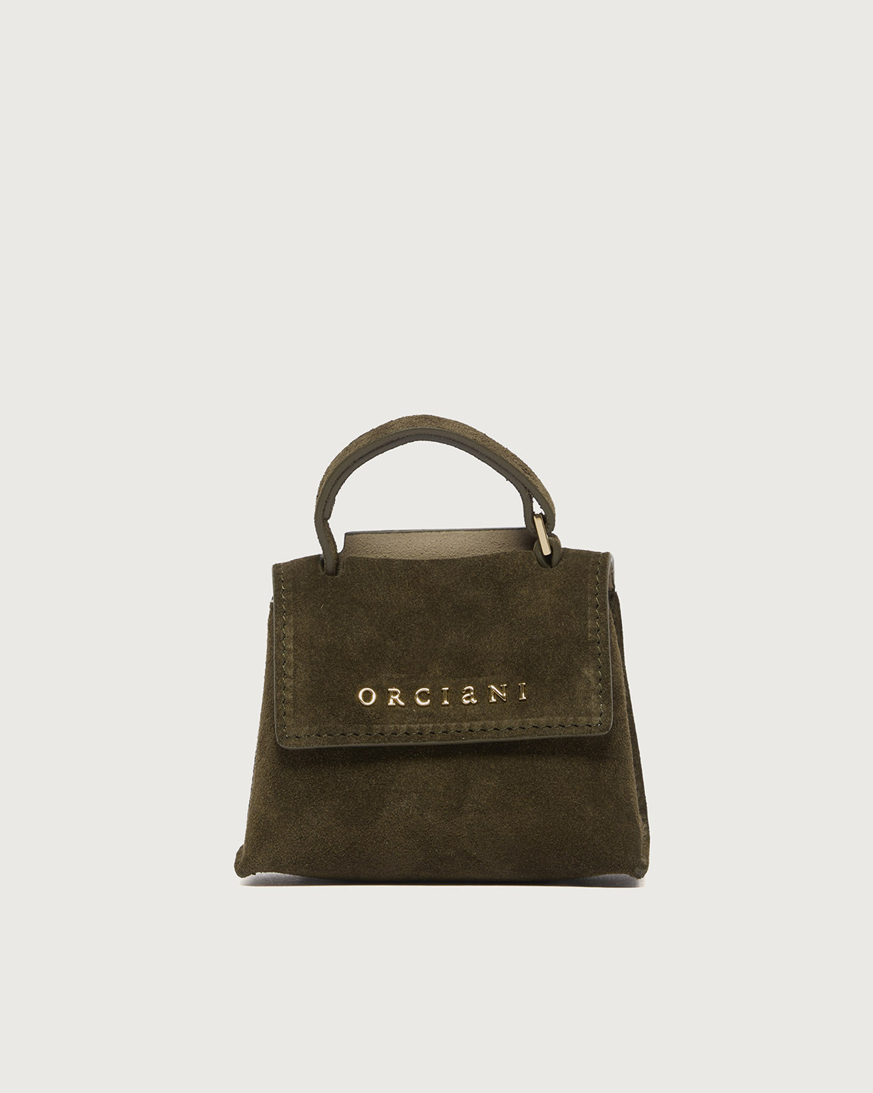 ORCIANI Mini Sveva Peach suede leather bag charm, color olive