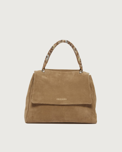 Sveva Peach Flowers Midi suede leather shoulder bag with strap