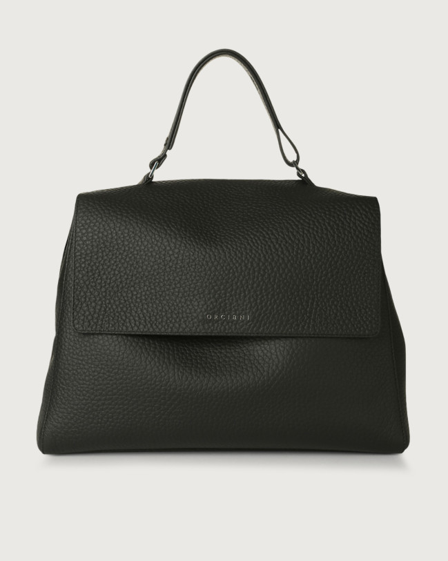 Orciani Sveva Soft large leather shoulder bag with strap Grained leather Black