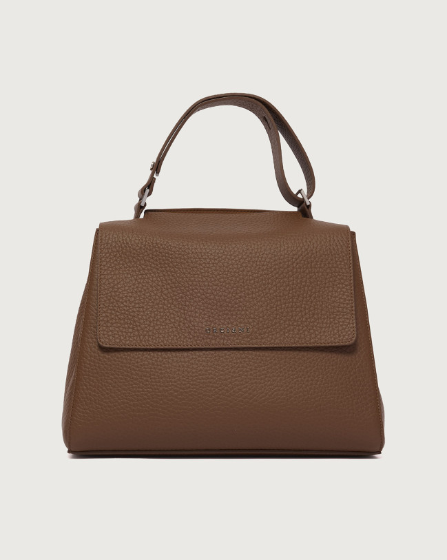 Orciani Sveva Soft Midi leather shoulder bag with shoulder strap Grained leather Cognac