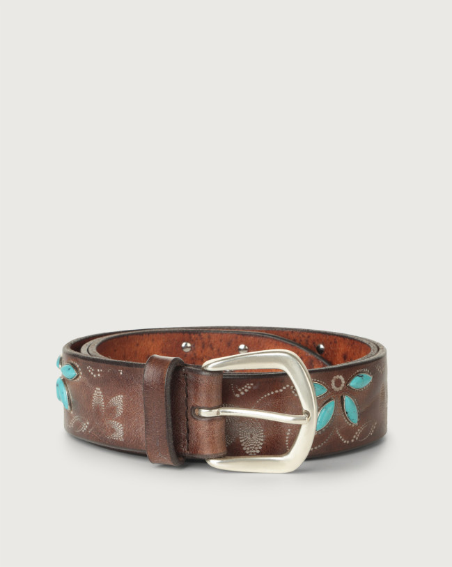 ORCIANI. Stain Soapy leather belt with turquoise. color Honey