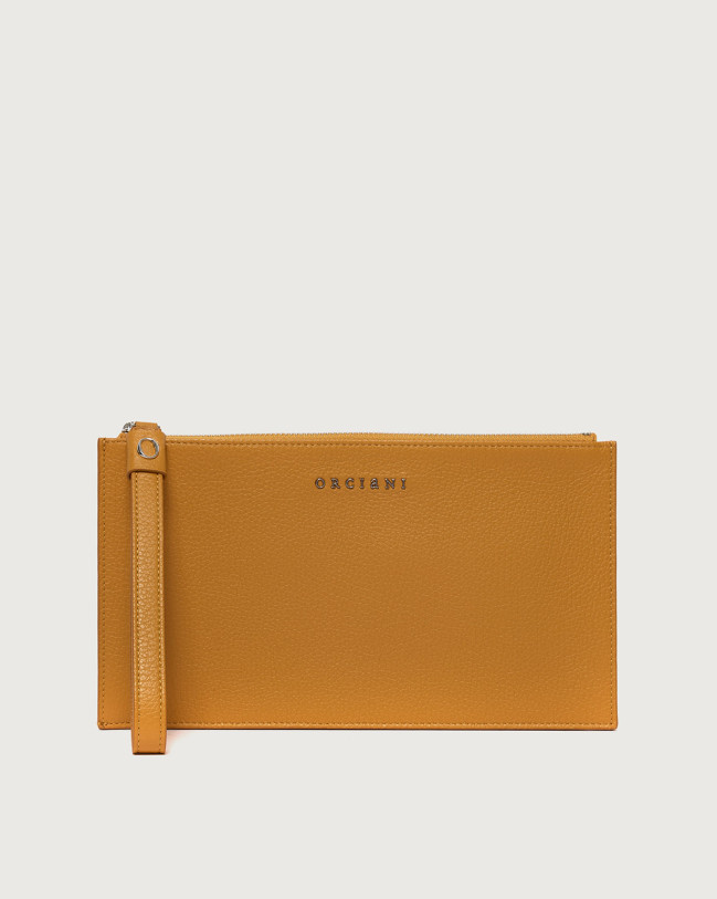 Orciani Micron leather pouch with wristband Grained leather Ocher