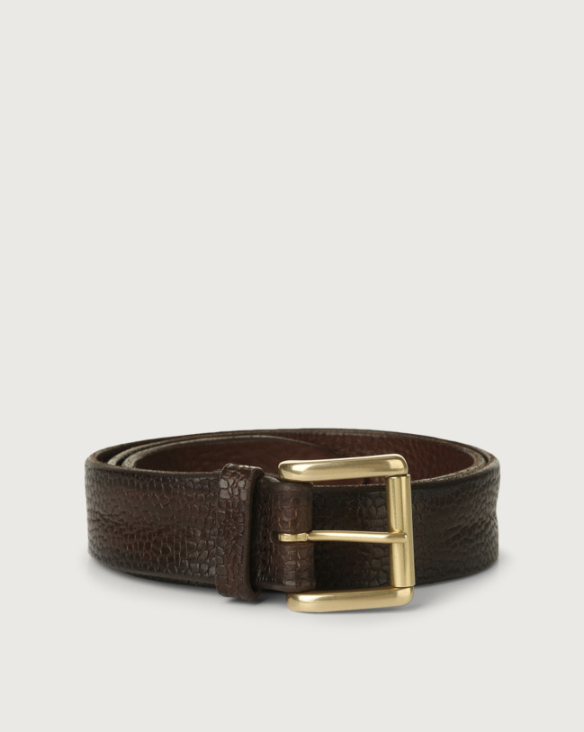 Orciani Grit leather belt with roller buckle Embossed leather Chocolate