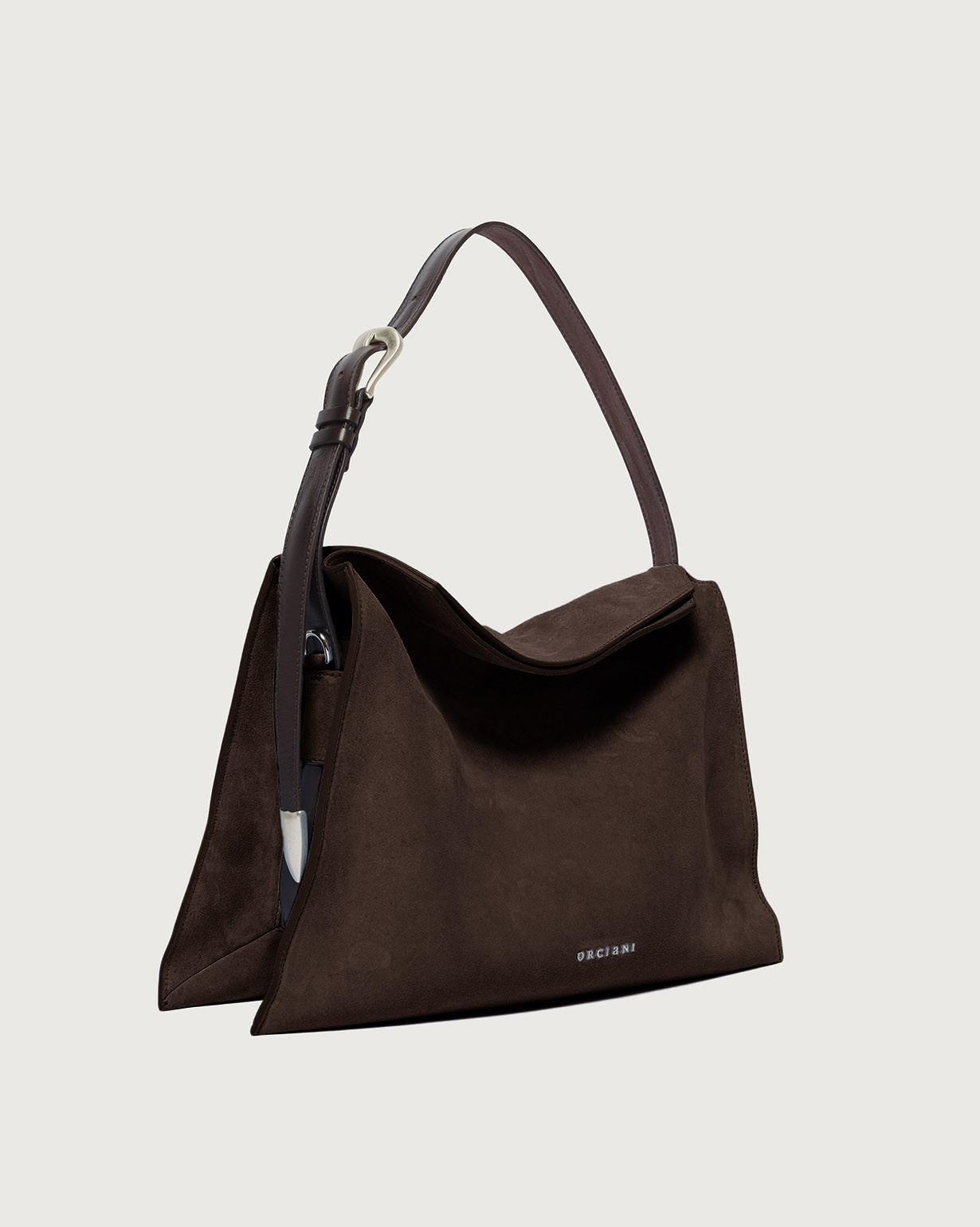 ORCIANI. Trinity Peach Midi suede shoulder bag. color chocolate