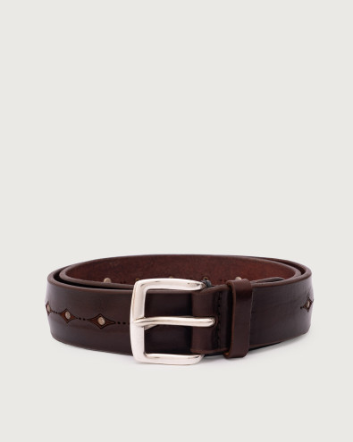 Bull Soft engraved leather belt with studs 3,5 cm