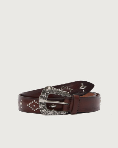 Antique leather belt with studs 3 cm
