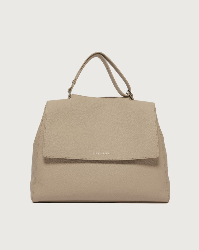 Orciani Sveva Soft Large leather shoulder bag with strap Grained leather Sand