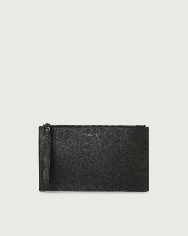 Orciani Micron large leather pouch with wristband Grained leather Black