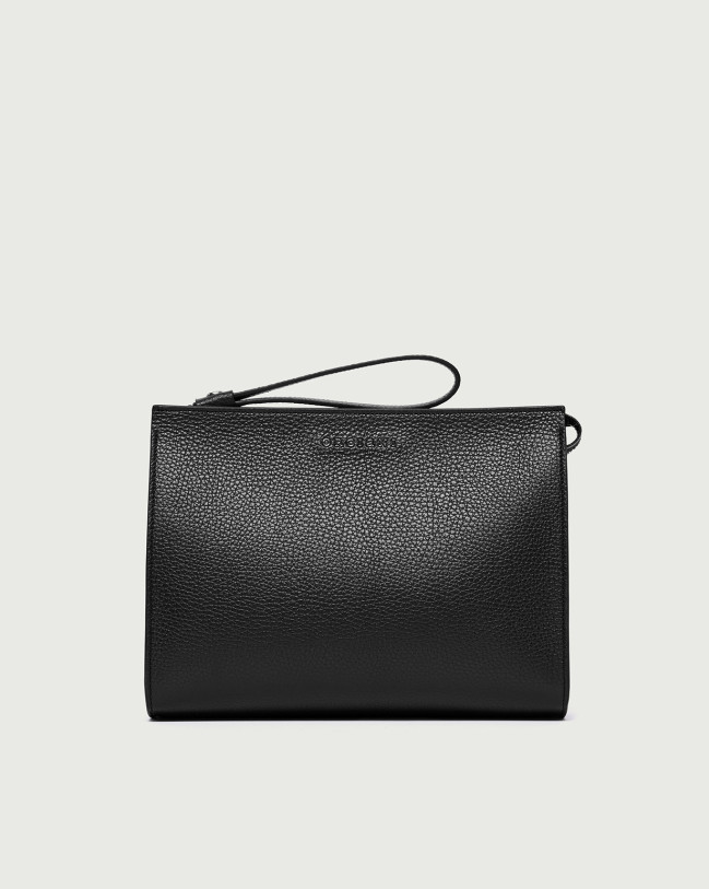 Orciani Micron large leather pouch with wristband Grained leather Black