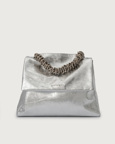Sveva Metal Midi cracked leather shoulder bag with strap