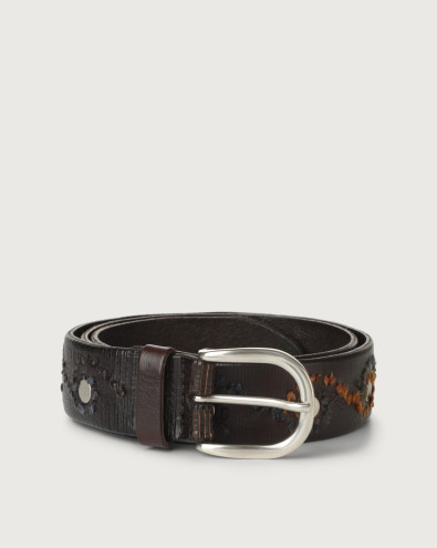 Masculine embroidered leather belt with studs