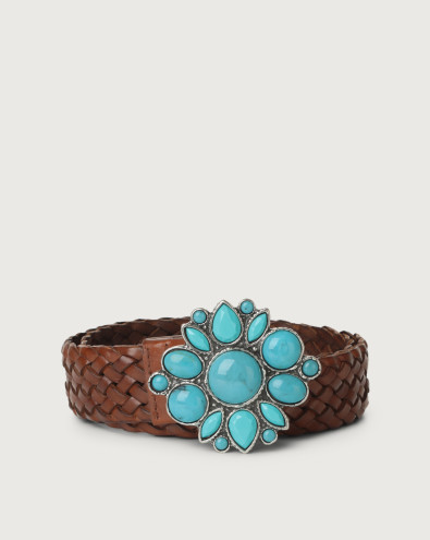 Masculine leather belt with turquoise buckle