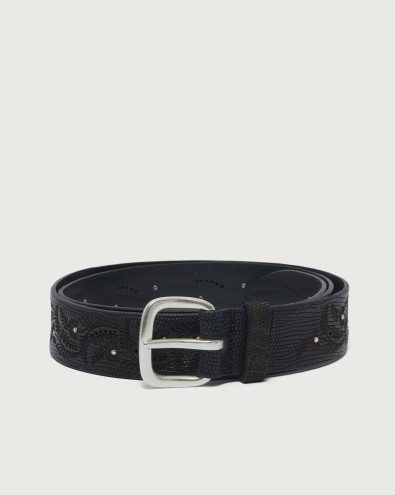 Lizard embossed leather belt 3,5 cm