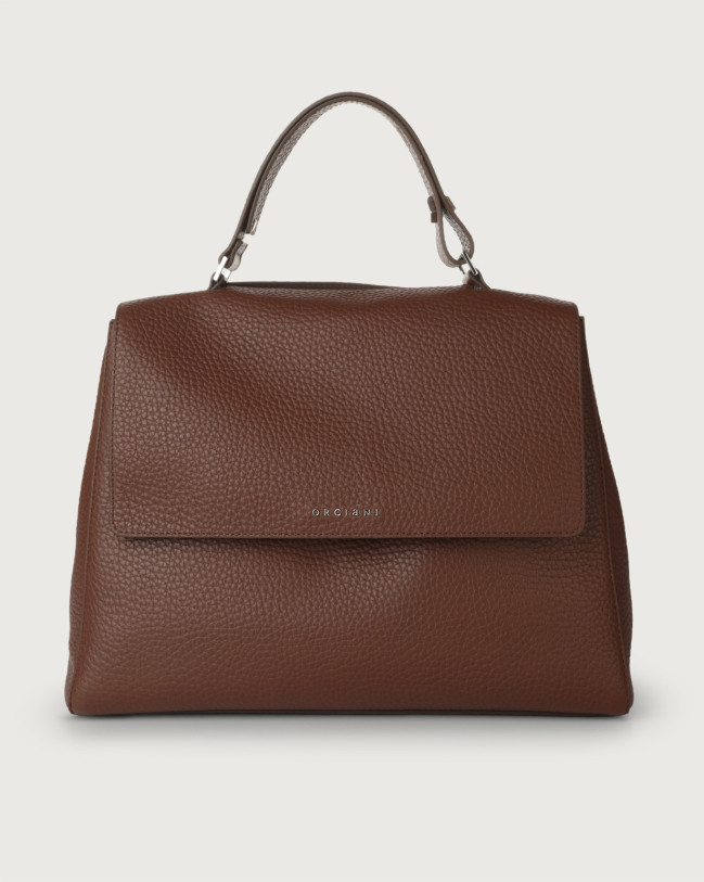 Orciani Sveva Soft Large leather shoulder bag with strap Grained leather Cognac