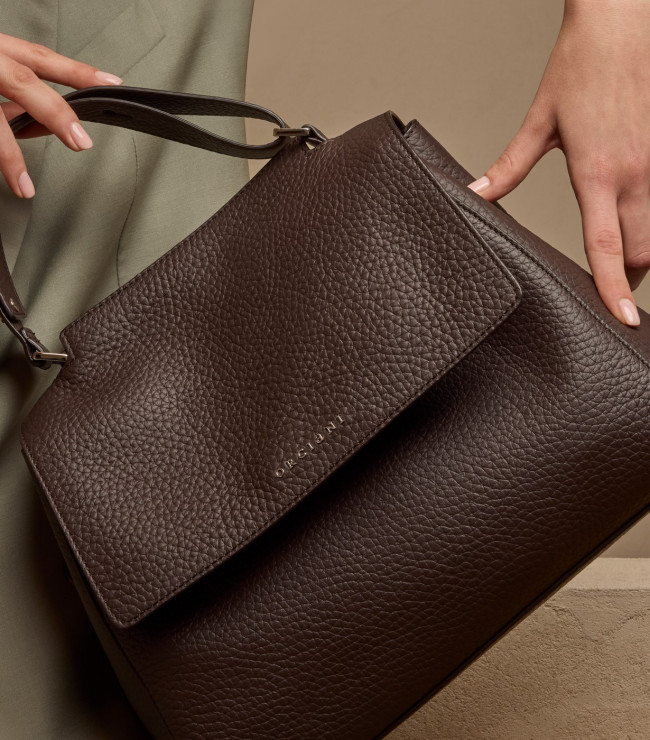 Orciani Sveva Soft Medium leather shoulder bag with shoulder strap Grained leather Chocolate