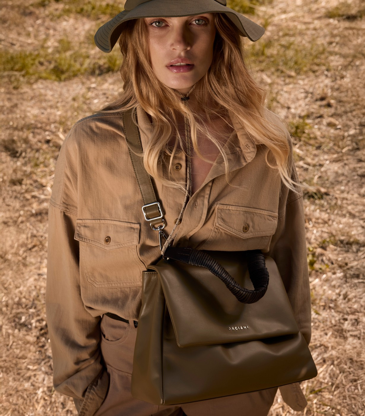 ORCIANI Sveva Jungle Midi leather shoulder bag with strap color Green