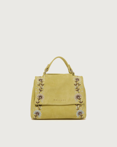 Sveva Peach Flowers Mini suede leather handbag with shoulder strap