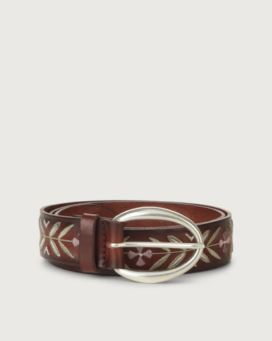 Bull Flower embroidered leather belt