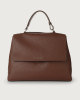 Orciani Sveva Soft Large leather shoulder bag with strap Grained leather Cognac