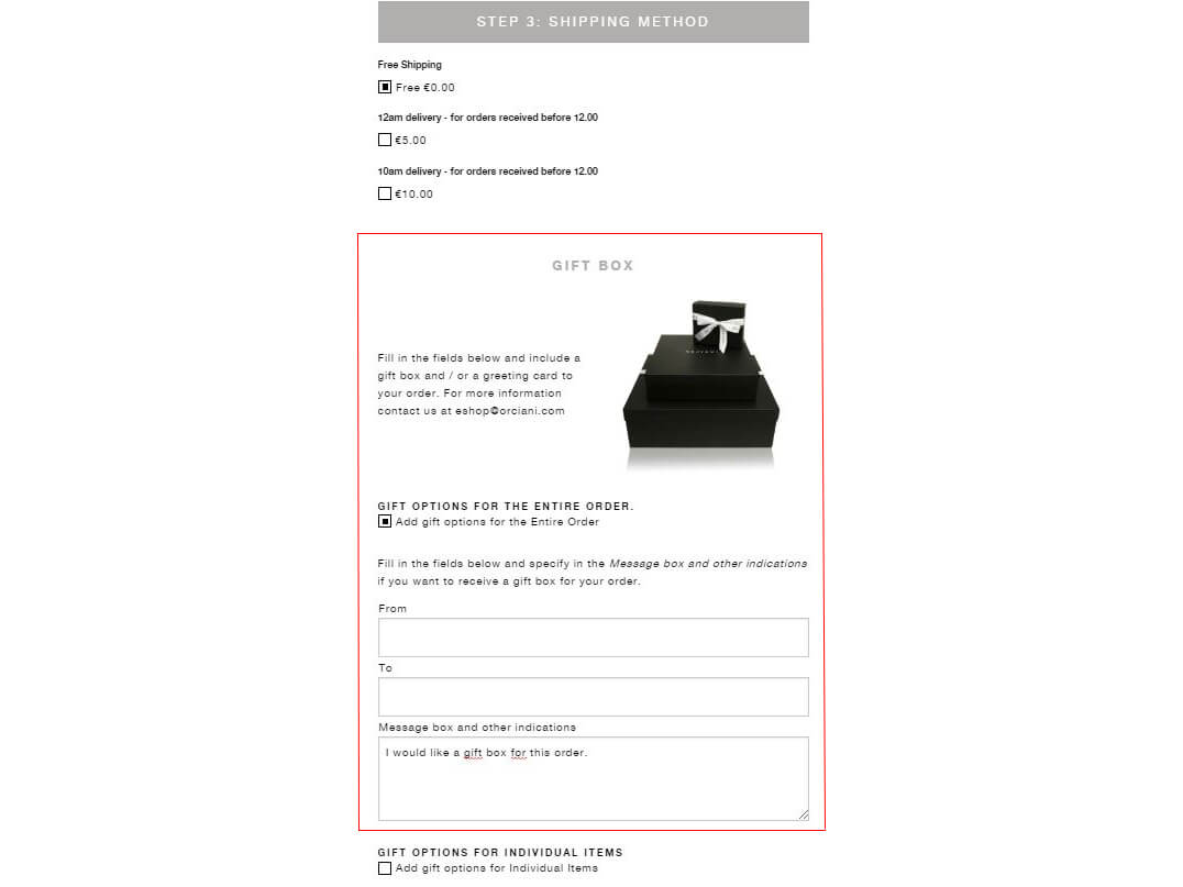 Orciani confezione regalo checkout