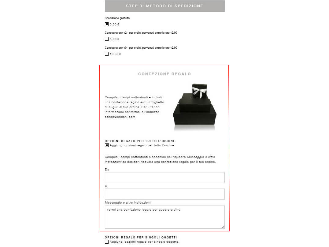 Orciani confezione regalo checkout