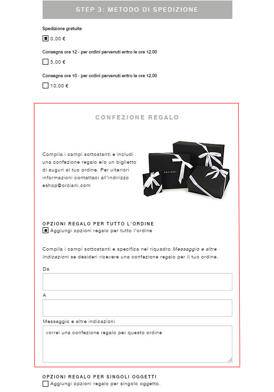 Orciani confezione regalo checkout